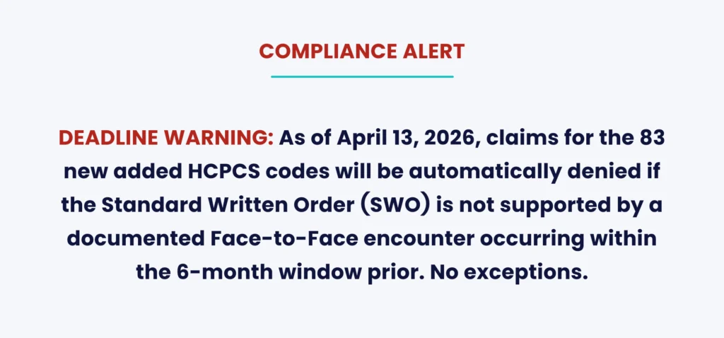 April 13, 2026 DME Required List Expansion: 83 HCPCS Codes Now Require Face-to-Face and Written Order Prior to Delivery 1 compliance alert
